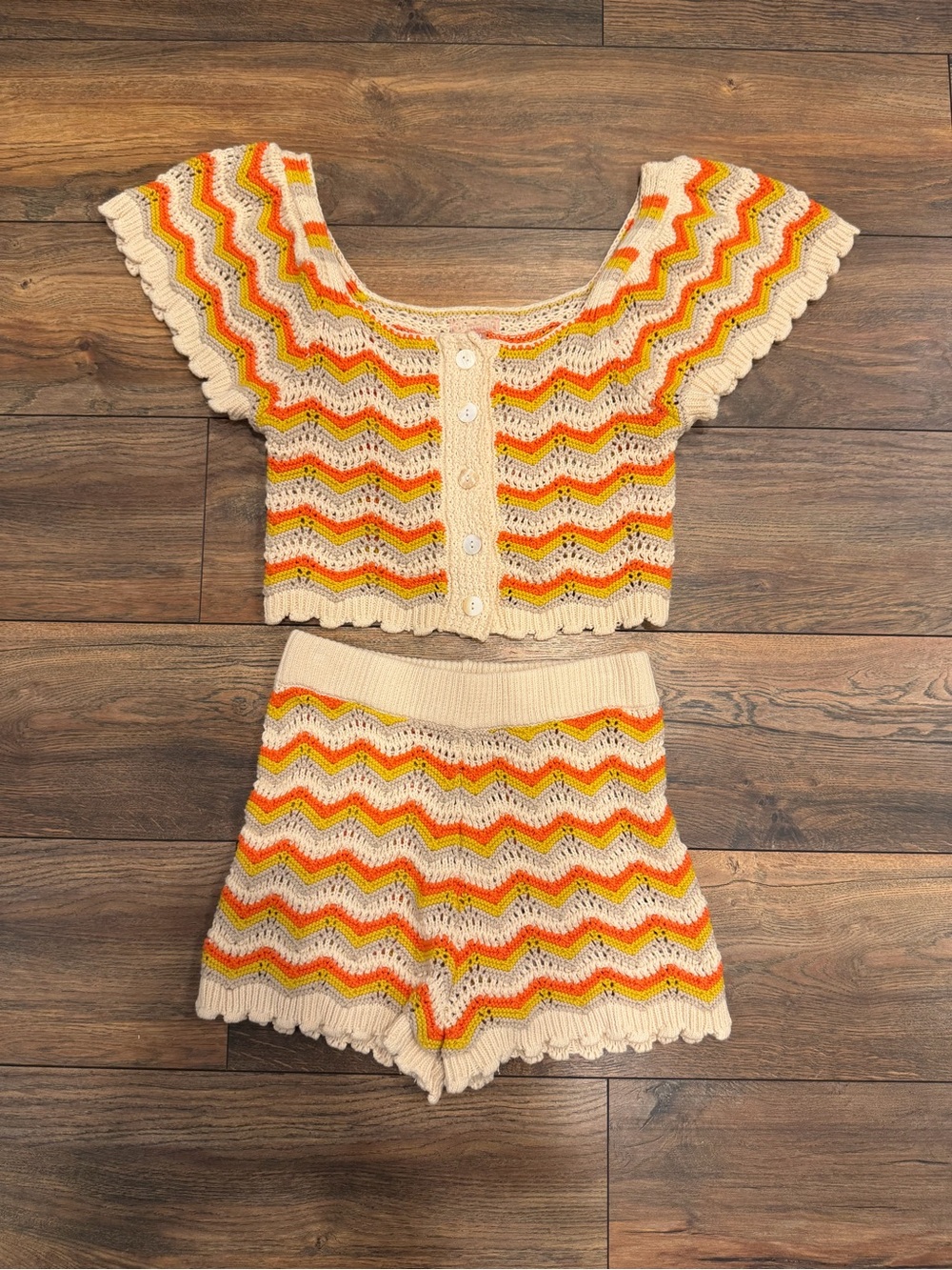 Love Colette Vintage Inspired Crochet Knit 2 Piece Set in Cream, Orange & Yellow